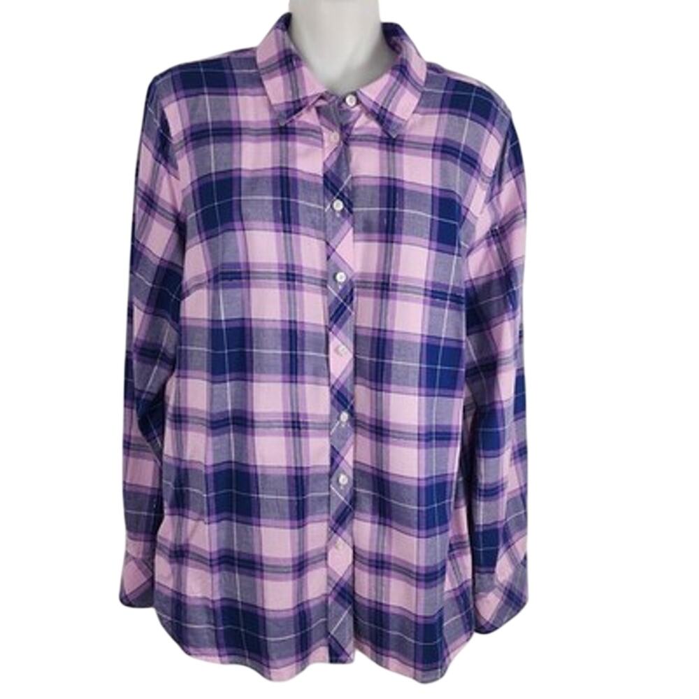 Talbots Womens Metallic Flannel Modern Classic Shirt Purple Plaid Medium Button
